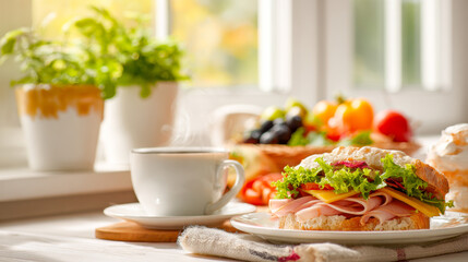 Bright kitchen breakfast with fresh sandwiches and coffee in a cozy setting