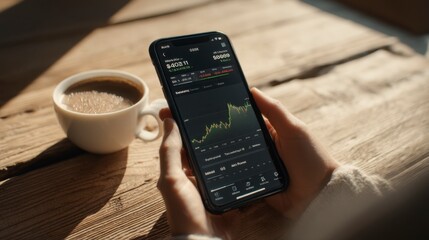 Close Up of Hands Holding Smartphone Displaying Financial Data