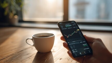 Close Up of Hands Holding Smartphone Displaying Financial Data