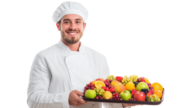 Chef presenting a colorful tray of fresh fruits, isolated on white background.