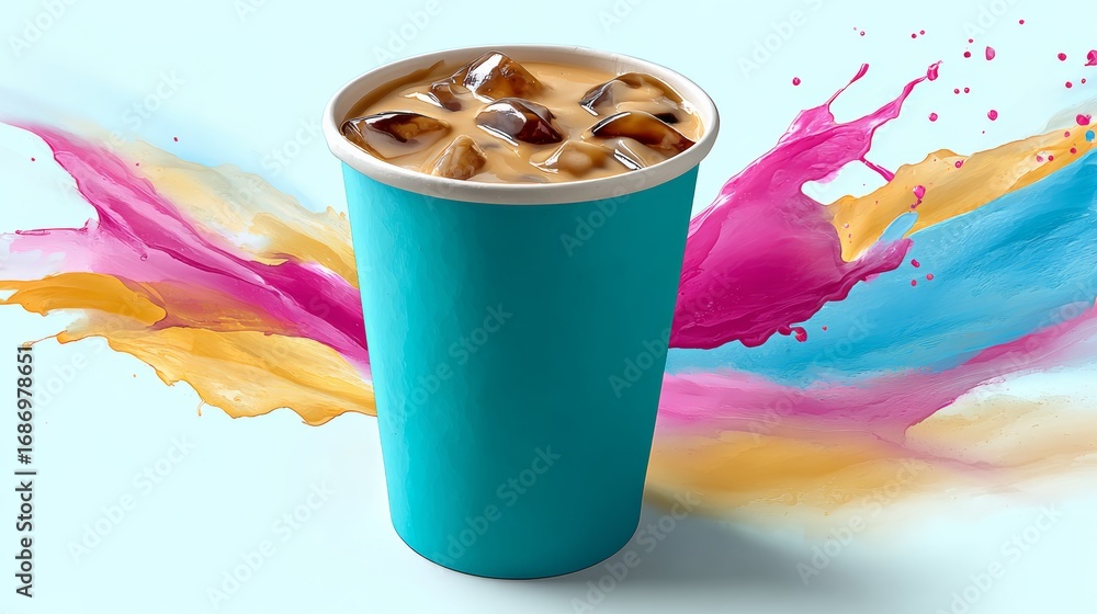 Poster cup of coffee with ice cubes in it is sitting on a table. the image has a colorful and vibrant backg