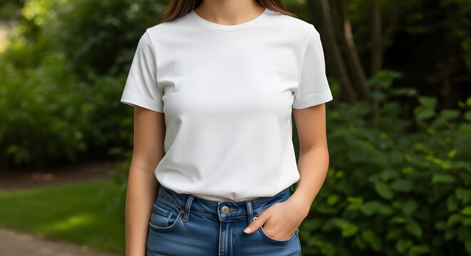 Natural lifestyle mockup of a woman in a classic outfit of a blank white t-shirt and blue jeans, standing in a park with a blurred green background