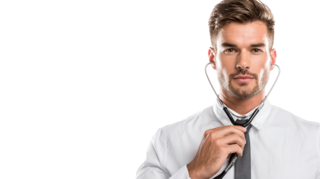 Confident man adjusting his tie, dressed in a formal shirt, isolated against a plain background.
