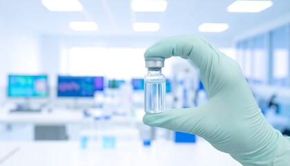 Hand in lab coat holding vial of liquid