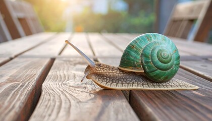 Snail on wooden patio table, sunlit