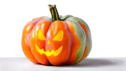 Pumpkin with a scary face painted on it. The pumpkin is orange and green, and it has a light on it. The pumpkin is sitting on a white surface
