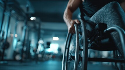 Focused medium shot of an athlete in wheelchair wearing inclusive sportswear crisp fabric textures gym equipment softly blurred in background.