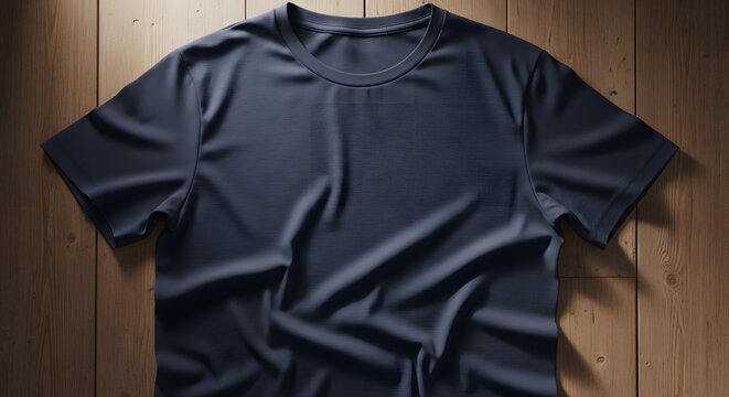 A moody and dramatic flat lay mockup of a plain dark navy t-shirt on a rustic wooden background, with strong lighting creating a premium template for men's fashion