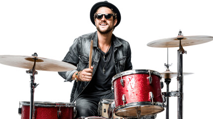 Drummer playing an energetic performance with red drum set against a white background.