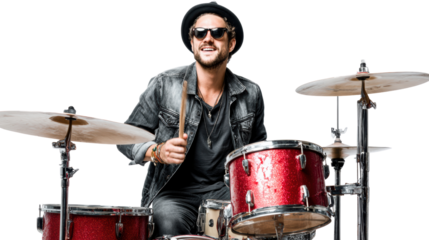 Drummer playing an energetic performance with red drum set against a white background.