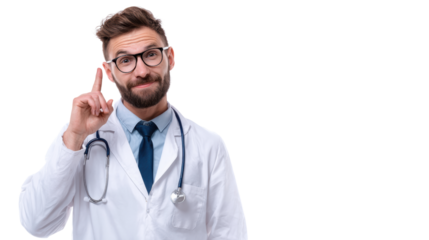 Doctor in white coat with stethoscope gestures with finger raised on isolated background.