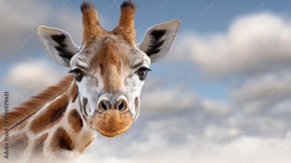 Aufkleber giraffe is looking at the camera with its head tilted. the sky behind the giraffe is cloudy, creatin
