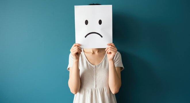 Face of Sadness: A person holds a paper with a sad face expression, in front of a turquoise background, representing emotion and feeling