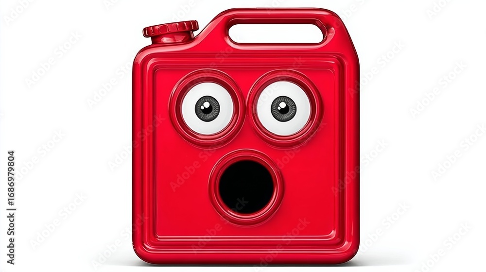 Poster red container with a face on it. the face has big eyes and an open mouth