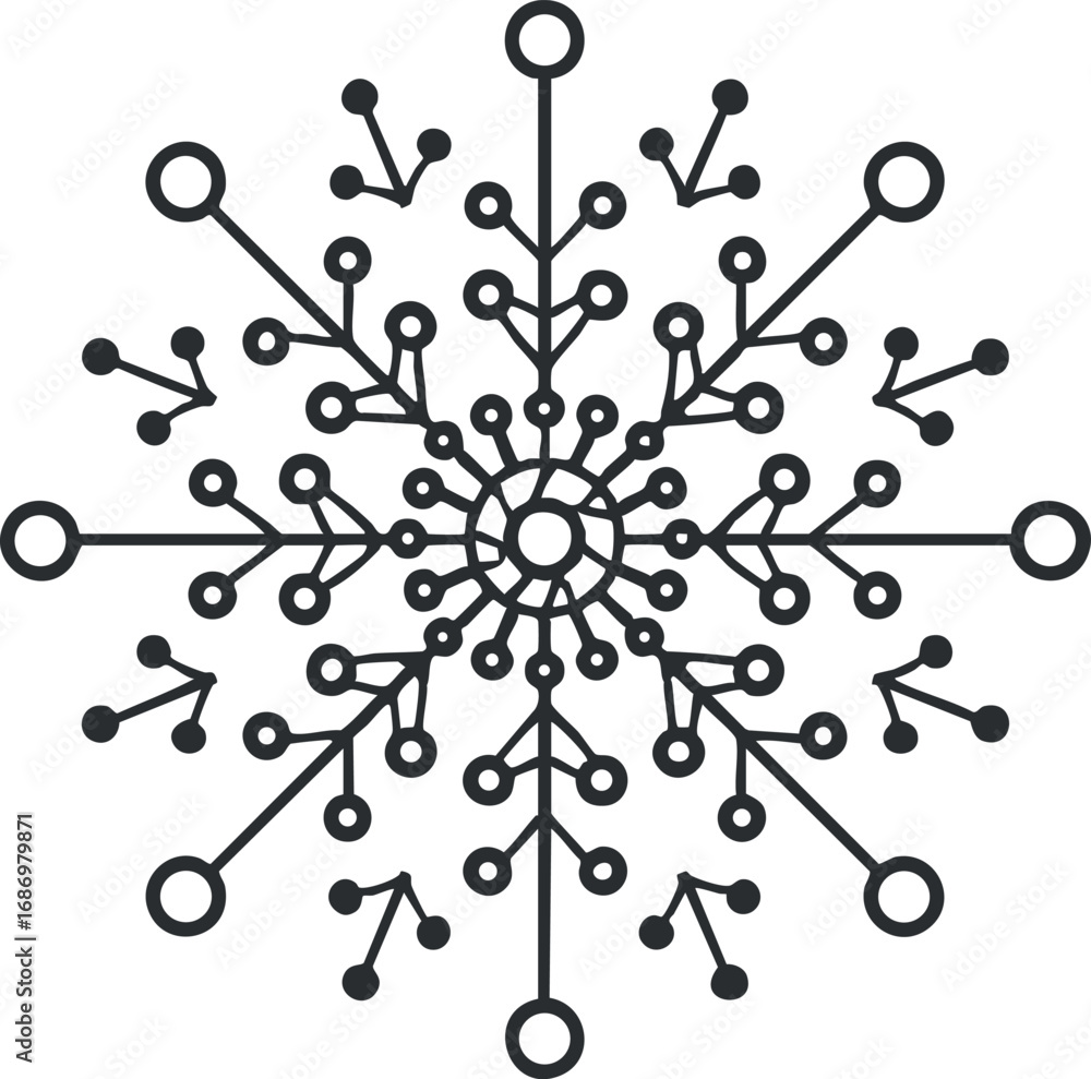 Poster black line art snowflake with symmetrical branches and circular shapes on white background