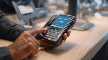 Close-up of Hand Using Contactless Payment Terminal in Store