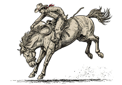 Vintage Illustration Of Cowboy Riding A Bronco Horse Silhouette On Black Background