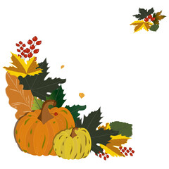 Autumn pumpkins with colorful fall leaves illustration