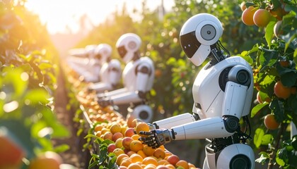 Rob&ocirc;s humanoides colhendo frutas em pomar com intelig&ecirc;ncia artificial