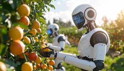 Rob&ocirc;s humanoides colhendo frutas em pomar com intelig&ecirc;ncia artificial