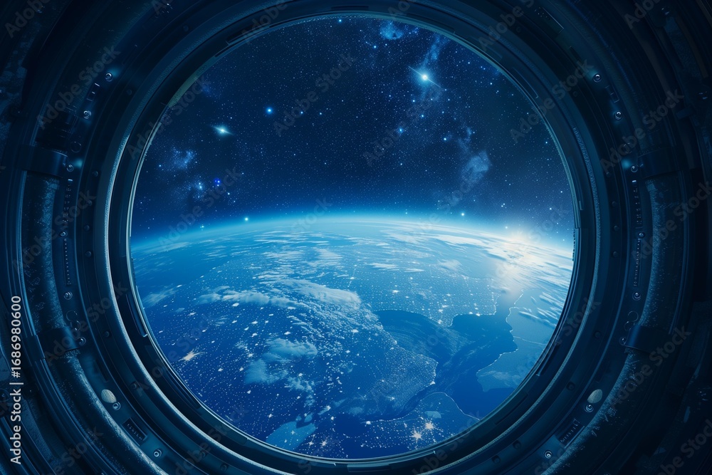 Canvas Prints round spaceship window frame with view of earth and stars, clean mockup background, sci-fi minimal d