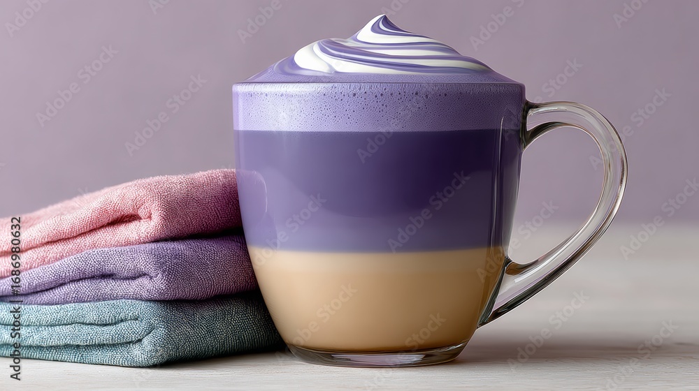 Poster cup of coffee with a purple foam on top is placed on a table with a stack of towels