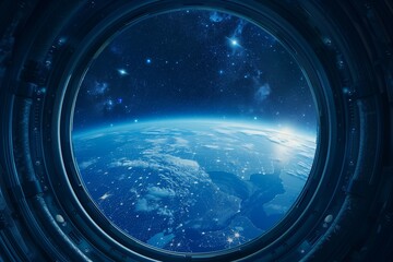 Round spaceship window frame with view of Earth and stars, clean mockup background, sci-fi minimal design.