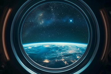 Fototapeta premium Round spaceship window frame with view of Earth and stars, clean mockup background, sci-fi minimal design.