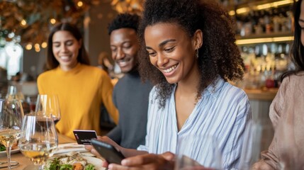 Young Professionals Splitting Restaurant Bill at Stylish Eatery