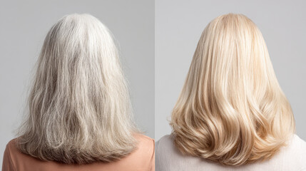 Fototapeta premium Hair transformation collage showcasing before and after results of a hair color change