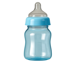 Baby bottle blue plastic newborn care product with silicone nipple, isolated on transparency background, essential for infant feeding and parenting, clean and simple design