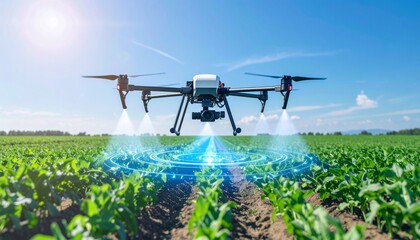 Drone agr&iacute;cola com intelig&ecirc;ncia artificial pulverizando lavoura verde sob c&eacute;u azul