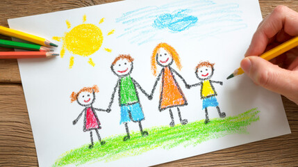 Fototapeta premium Joyful family drawing created with colorful crayons by a child on sunny day