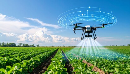 Drone agr&iacute;cola com intelig&ecirc;ncia artificial pulverizando lavoura verde sob c&eacute;u azul