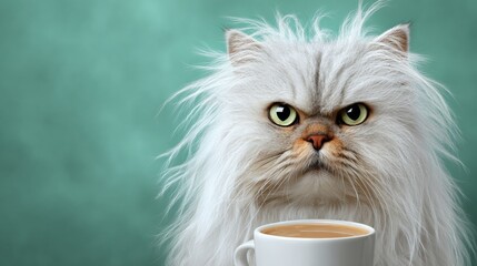 Cat with a messy mane is sitting next to a white coffee cup. The cat appears to be angry and is staring at the camera