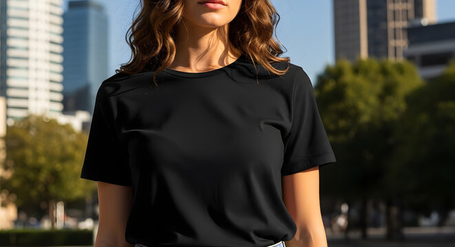  Urban lifestyle mockup of a woman wearing a blank black t-shirt on a sunny day, with a blurred city background of skyscrapers and trees for modern apparel branding.