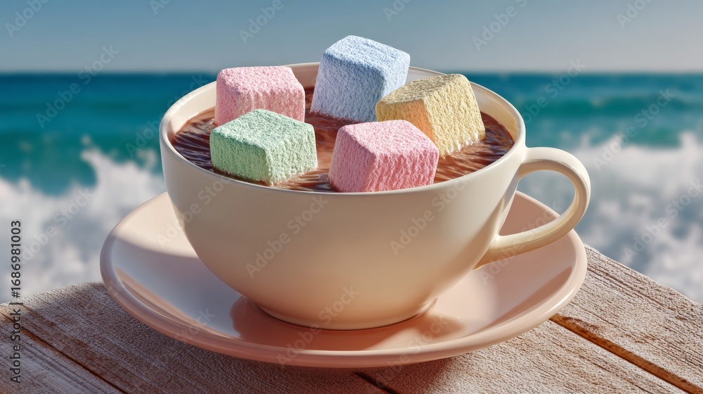 Poster cup of coffee with colorful marshmallows floating in it. the marshmallows are in different colors an