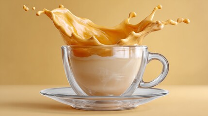 Cup of coffee with a splash of milk on top. The cup is on a saucer and the splash of milk creates a sense of motion and energy