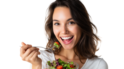 Happy young woman enjoying a healthy salad, smiling with a fork in hand, white isolate background.