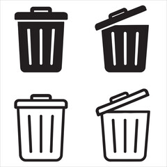 Set of Trash Can and Dustbin Icons in Solid Glyph and Outline Styles Vector