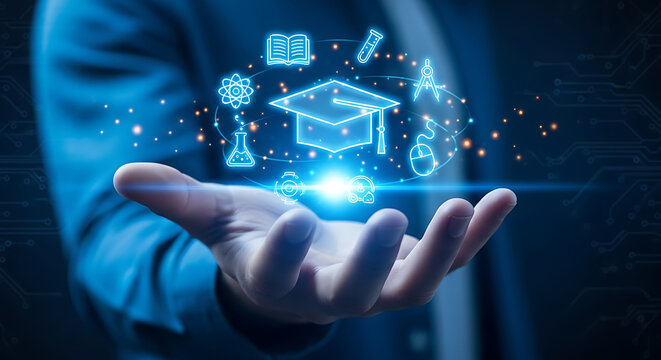 Unlock global learning possibilities with digital education icons floating above an open hand