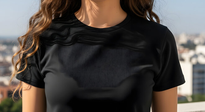 Urban fitness lifestyle mockup of a woman wearing a blank black activewear t-shirt with a mesh panel, perfect for a modern sportswear or gym apparel brand.