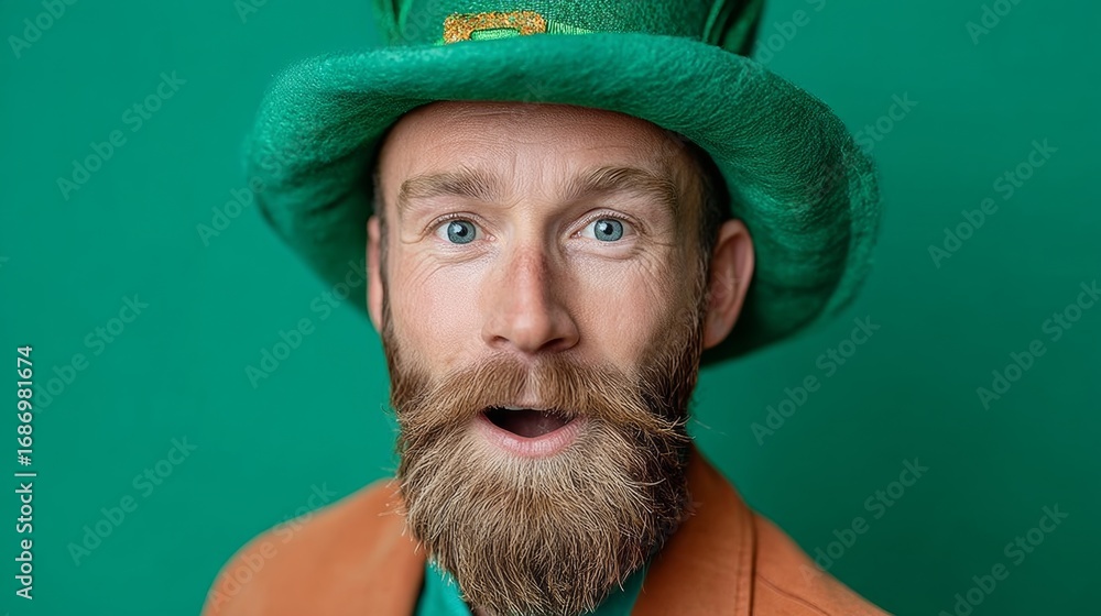 Poster man with a green hat and beard is smiling and looking at the camera. the hat has a shamrock on it