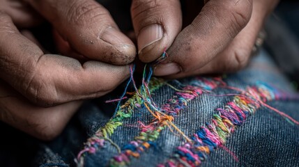 Close-Up of Hands Repairing Torn Clothing with Colorful Thread