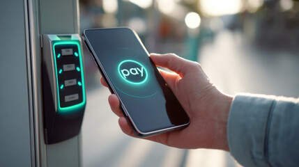 Close-up of a hand using a mobile payment method at a modern payment terminal outdoors