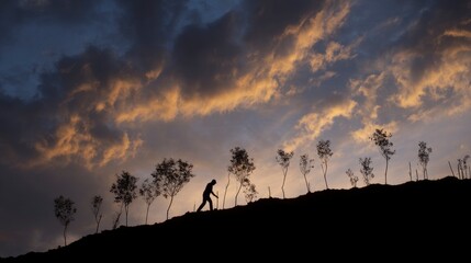 Obraz premium Silhouette of Individual Planting Trees on Hill at Sunset