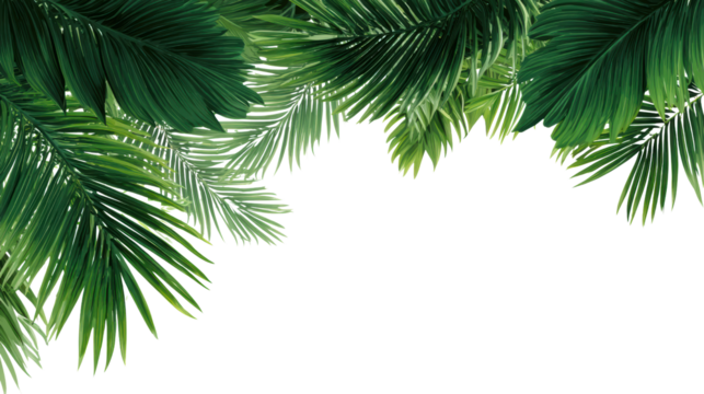 Lush green palm leaves framing a design, perfect for tropical themes, isolated on a white background.