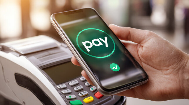 Close-up of hand using modern payment app at checkout in a busy retail environment