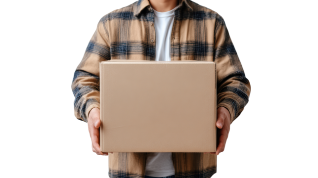 Man holding a cardboard box, wearing a plaid shirt, isolated on white background. - Powered by Adobe