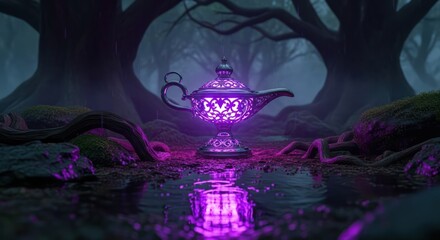 Mysterious Enchanting Crystal Lamp in Dark Woods.